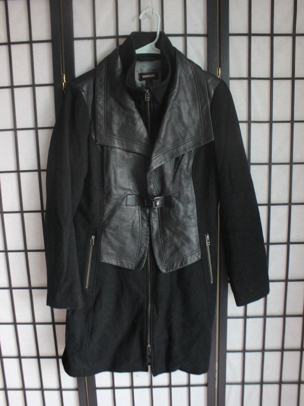 Danier Vintage Black Leather-Trim Wool Coat for Women